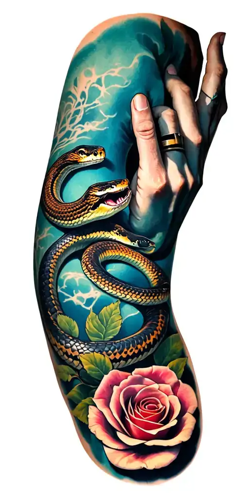 Snake On Shoulder Tattoo With Rose On Hand Reaching