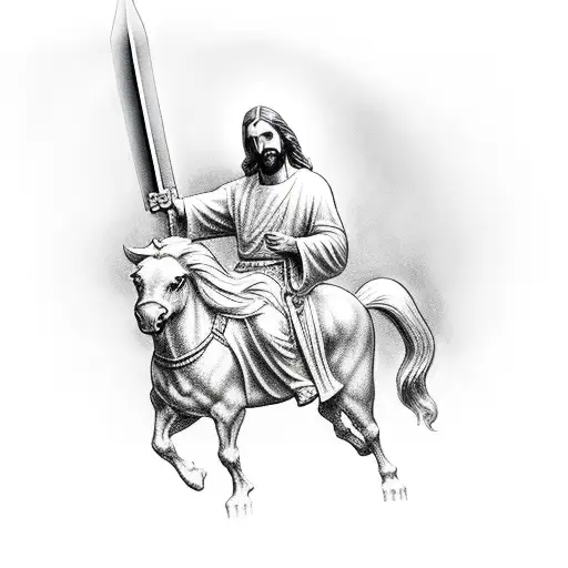 Jesus Christ Holding A Sword While Riding A White Horse