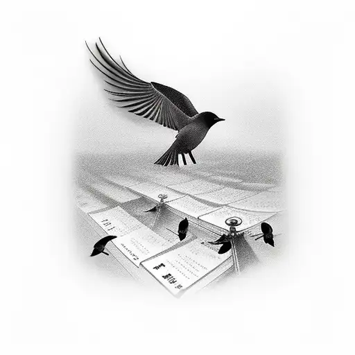 Keyboard With Small Black Flock Of Birds Flying Around It With A Grave