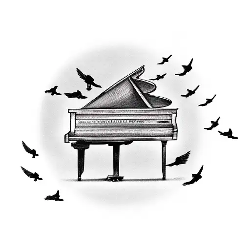 Piano With Small Black Flock Of Birds Flying Around It With A Grave