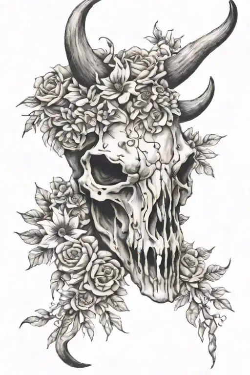 Bull Skull And Flowers Surrounding