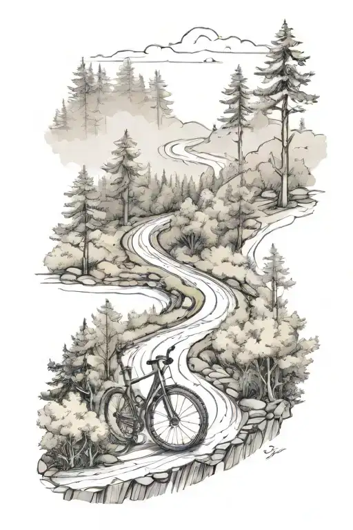 A Sketch Of A Winding Road Through A Forest With A Gravel Bike At The Forefront