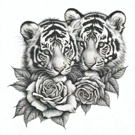 Tiger Cubs Intertwined With Roses