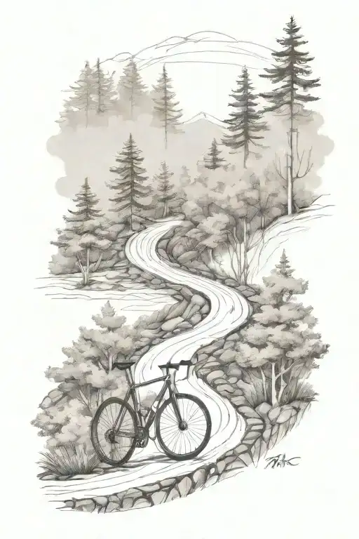 A Sketch Of A Winding Road Through A Forest With A Gravel Bike At The Forefront