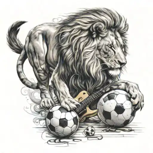 A Realistic Lion Playing A Guitar With A Soccer Ball At Its Feet