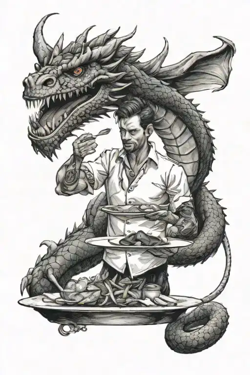 A Waiter Balancing A Tray Of Food On One Hand With A Dragon Wrapping Around His Arm