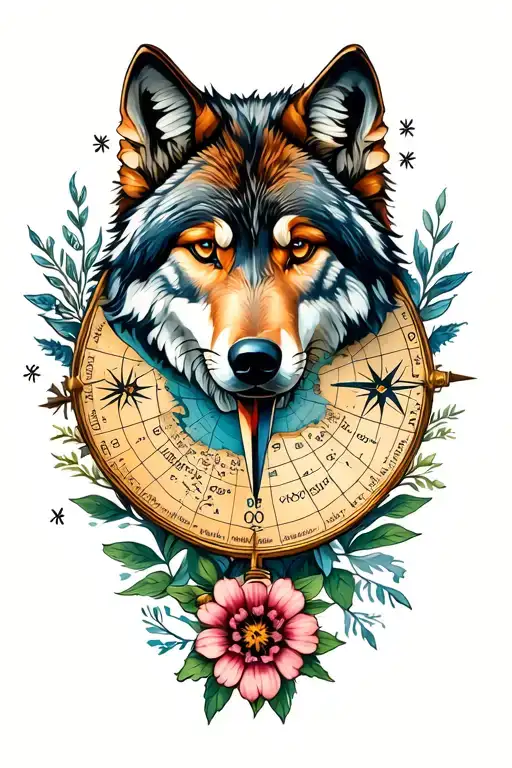 Map With Compass And Moutains Flowers With Wolf