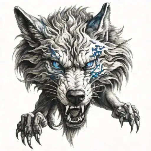 Wolf With Blue Eyes Biting The Dragon