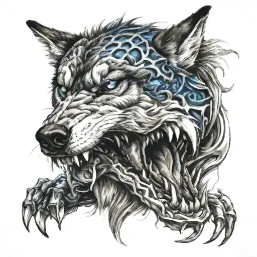 Wolf With Blue Eyes Biting The Dragon