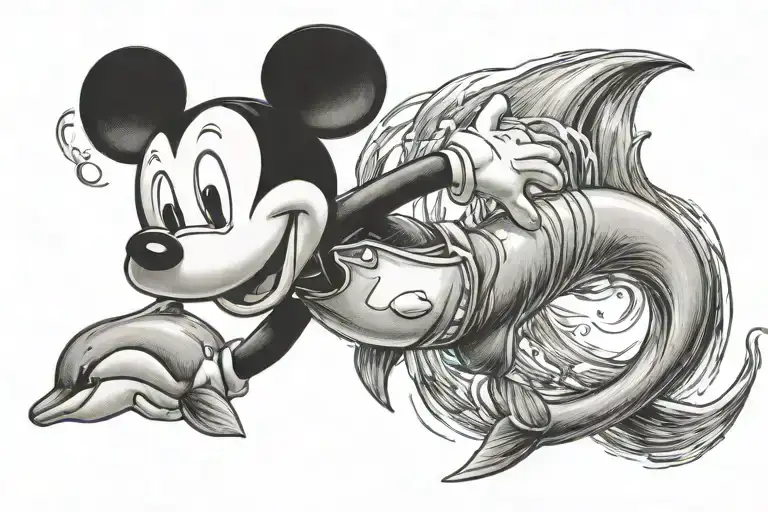 Mickey Mouse Holding A Small Dolphin Leaping