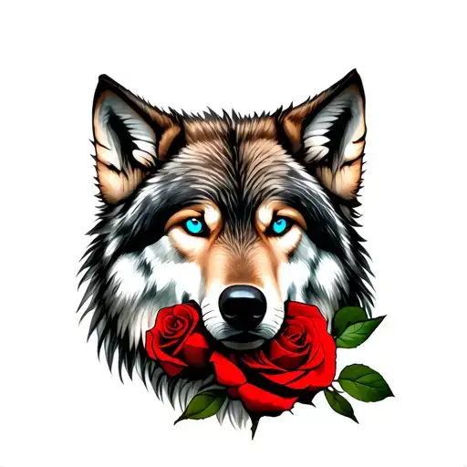 Wolf With Blue Eyes Holding Red Rose In Mouth