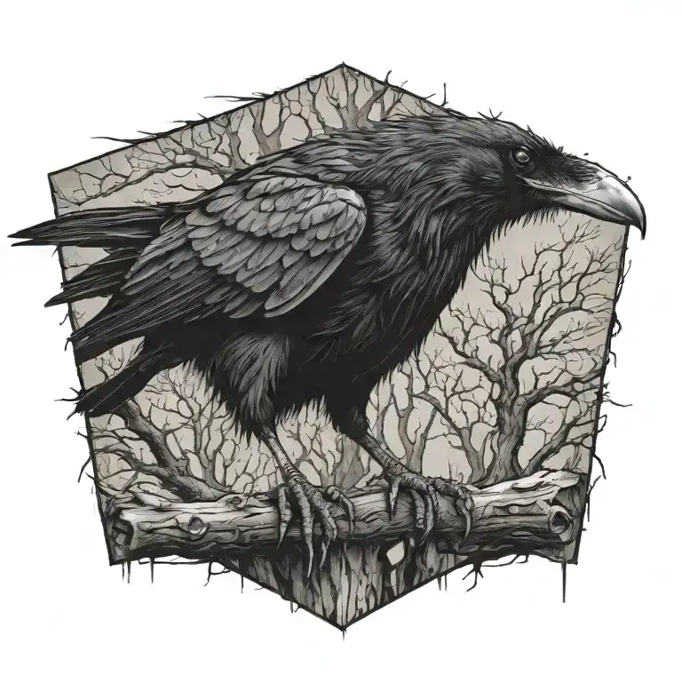 Cyberpunk Raven Setting On A Light Tree Bark