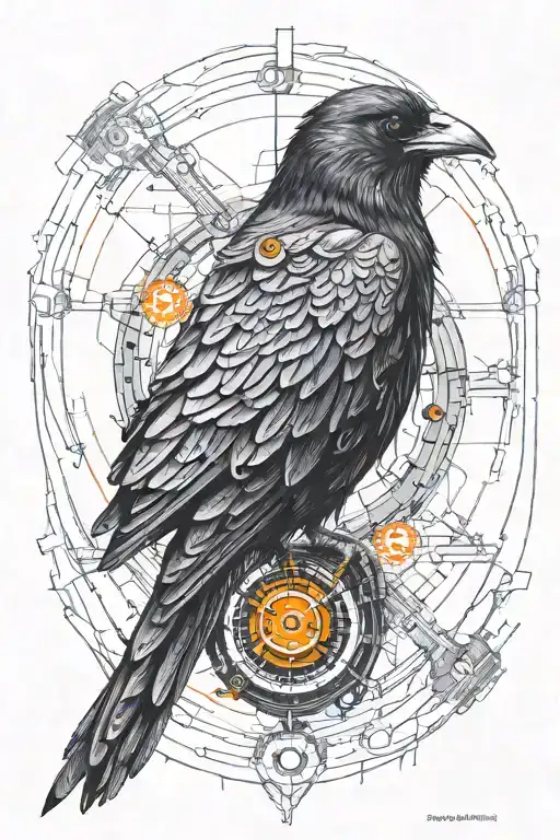 Cyberpunk Synthetic Raven With Orange Eyes Inside Cyber Circle And Microschemes