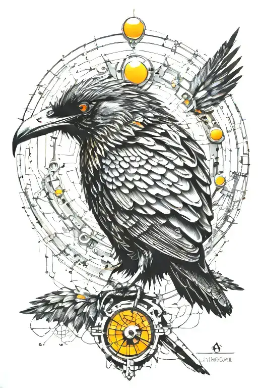 Cyberpunk Synthetic Raven With Orange Eyes Inside Cyber Circle And Microschemes