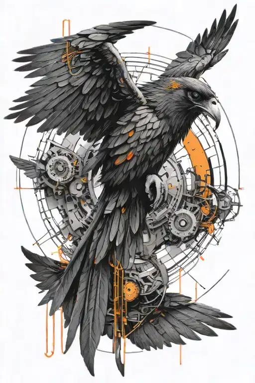 Cyberpunk Synthetic Raven With Orange Eyes Inside Cyber Circle And Microschemes
