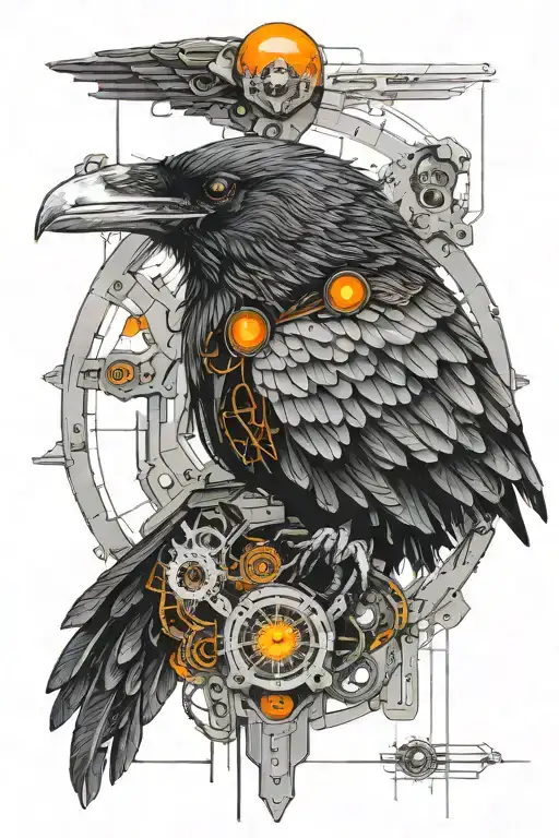 Cyberpunk Synthetic Raven With Orange Robotic Eyes Inside Cyber Circle And Microschemes