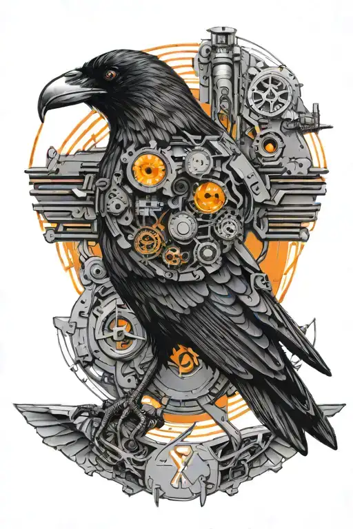 Cyberpunk Synthetic Raven With Orange Robotic Eyes Inside Cyber Circle And Microschemes