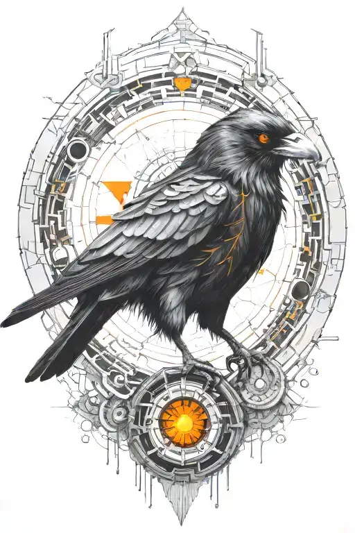Cyberpunk Synthetic Raven With Orange Robotic Eyes Inside Cyber Circle And Microschemes