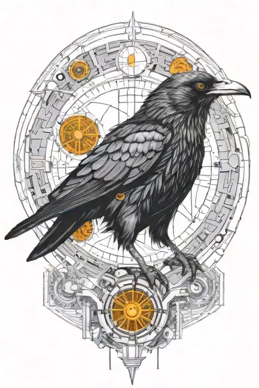 Cyberpunk Synthetic Raven With Orange Robotic Eyes Inside Cyber Circle And Microschemes High Details