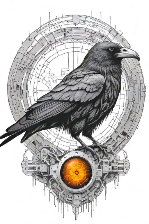 Cyberpunk Synthetic Raven With Orange Robotic Eyes Inside Cyber Circle And Microschemes High Quality