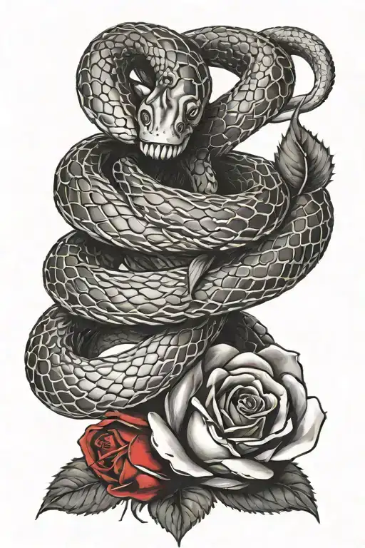 Snake Black And Red Rose Wrapped