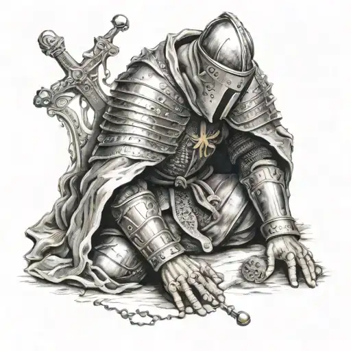 Crusader Knight Praying On Knees With Rosary Beads