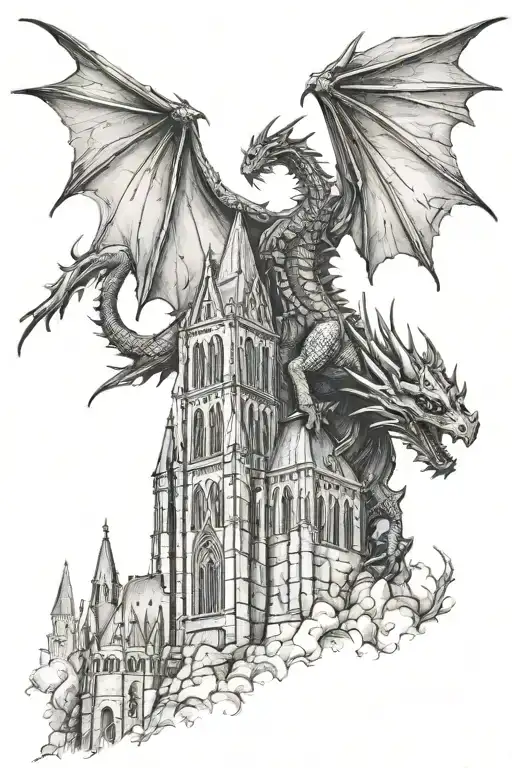 Medival Dragon With A Gothic Cathedral In The Background