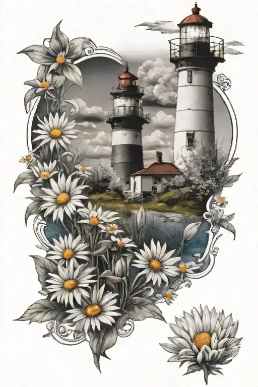 Lighthouse With Beacon Light Surrounded By Daisies