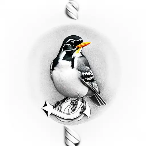 Black And White American Robin With A Sailor Hat Sitting On An Anchor