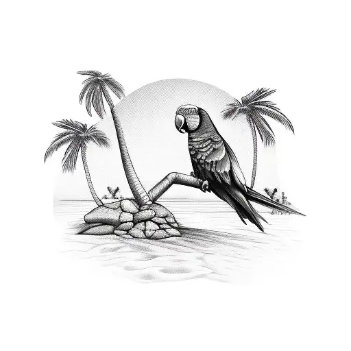 Parrot With A Drink Leaning On A Palm Tree On A Desert Island