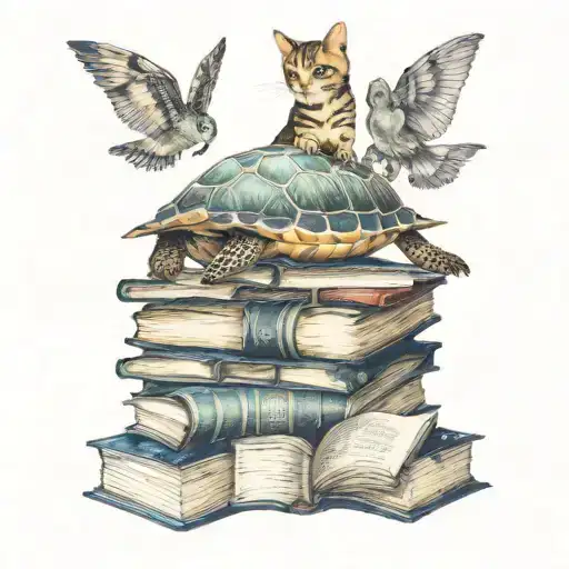 A Star-shaped Sea Turtle Swimming In A Sea Of Books With A Cat Perched On Top