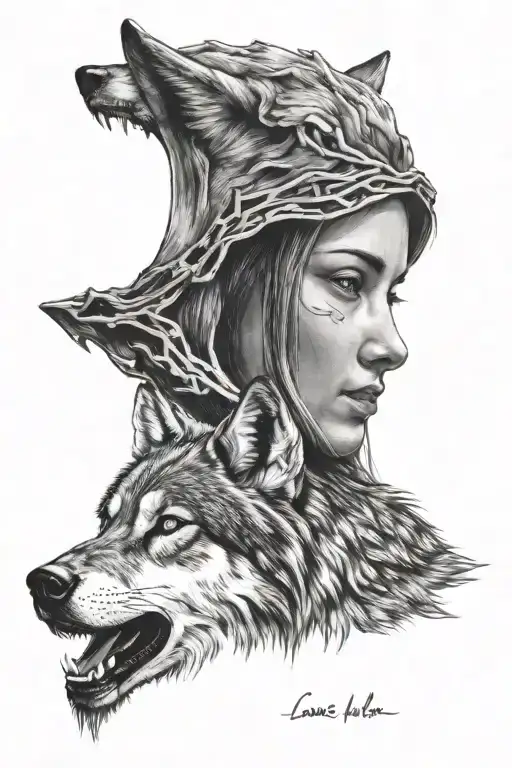 1 Girl Face With Lone Wolf Howling