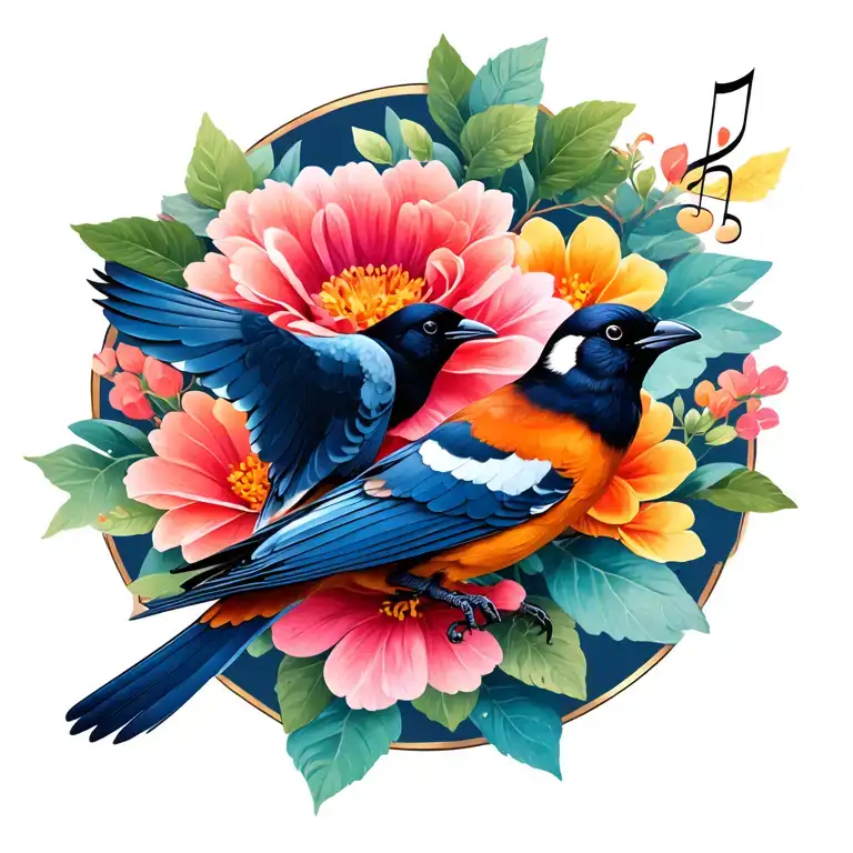 Flowers With Two Flying Common Hill Myna And Music