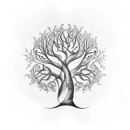 A Tattoo Depicting A Family Tree With Branches Formed By Musical Instruments And Celestial Bodies