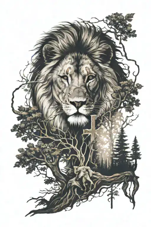 Lion In Forest With Cross And Quote Underneath