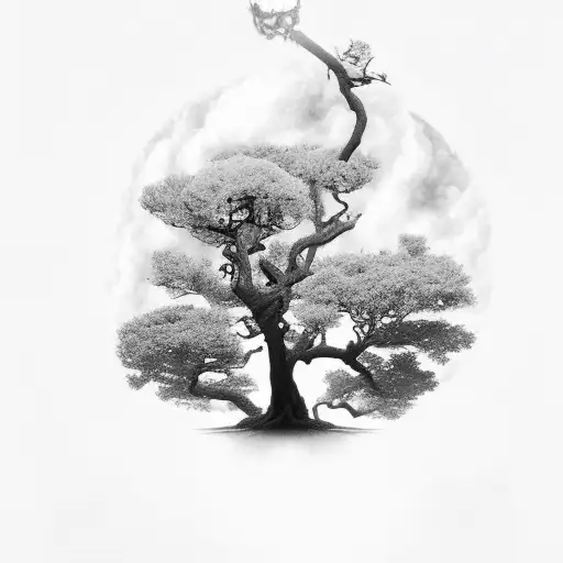 Tree With Clouds And A Wizard With A Magic Wand Shooting Lightning