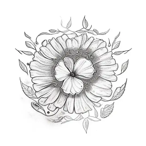 A Tattoo Of A Family Tree With Marigold And Cosmos Flowers As Leaves