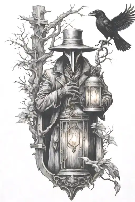 Plague Doctor Holding A Lantern In Graveyard With Raven