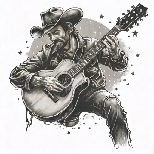 A Cowboy Playing A Guitar Under A Starry Sky