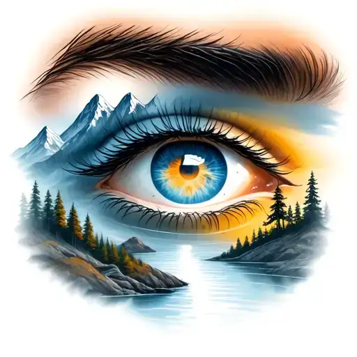 Eye Surrounded By Mountains And River Flowing With Tree Eyelashes