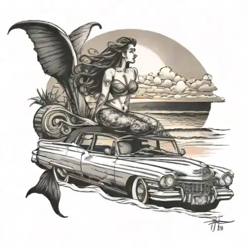 A Tattoo Design Featuring A Majestic Mermaid Riding A 1973 Cadillac Deville On A Beach At Sunset