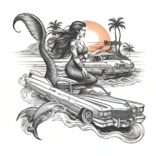 A Tattoo Design Featuring A Majestic Mermaid Riding A 1973 Cadillac Deville On A Beach At Sunset