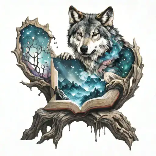 Book With Galaxy Crystals And Wolf