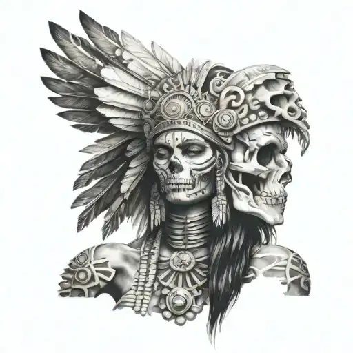 Aztec Woman With Skeleton Head Dress Standing