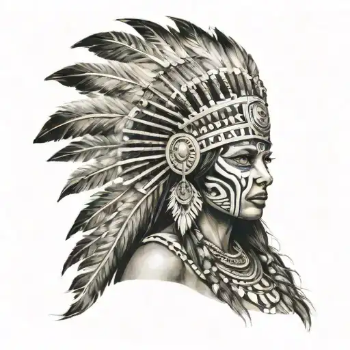 Aztec Woman With Lion Skeleton Head Dress Standing