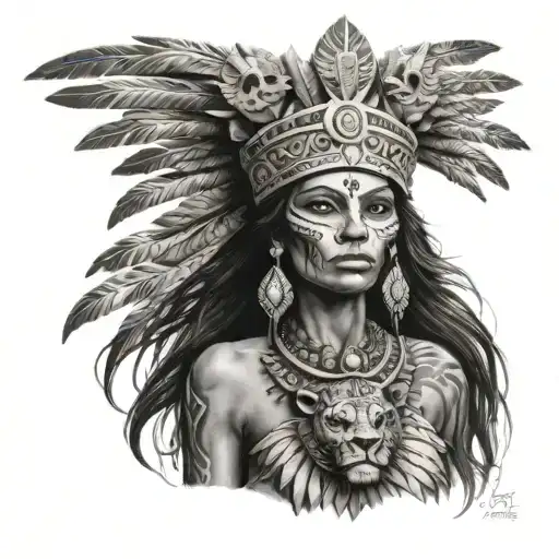 Aztec Woman With Lion Skeleton Head Dress Holding A Crown