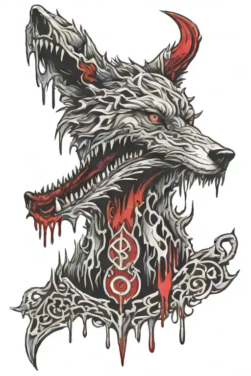 Nordic Runes And Wolf Snarling Dripping Blood