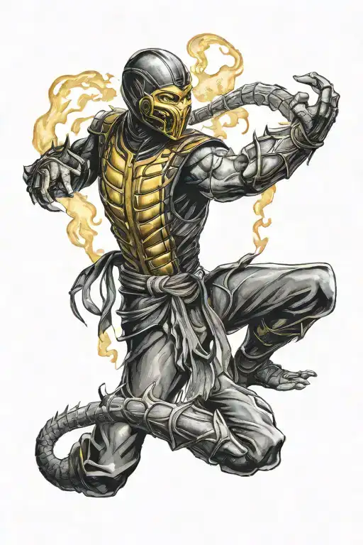 Mortal Kombat Scorpion Fighting Stance Flaming Head Black Aura Circling