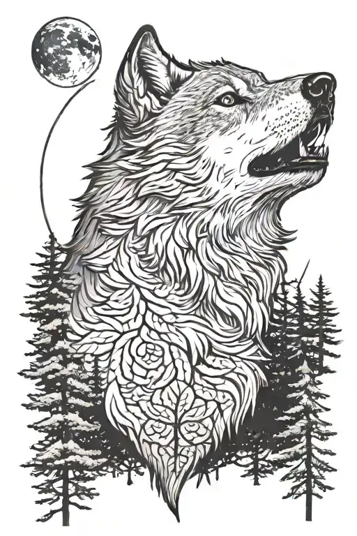 Wolf Head With Moon And Trees Behind It