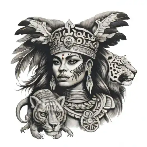 Aztec Woman With Lion Skeleton Crown